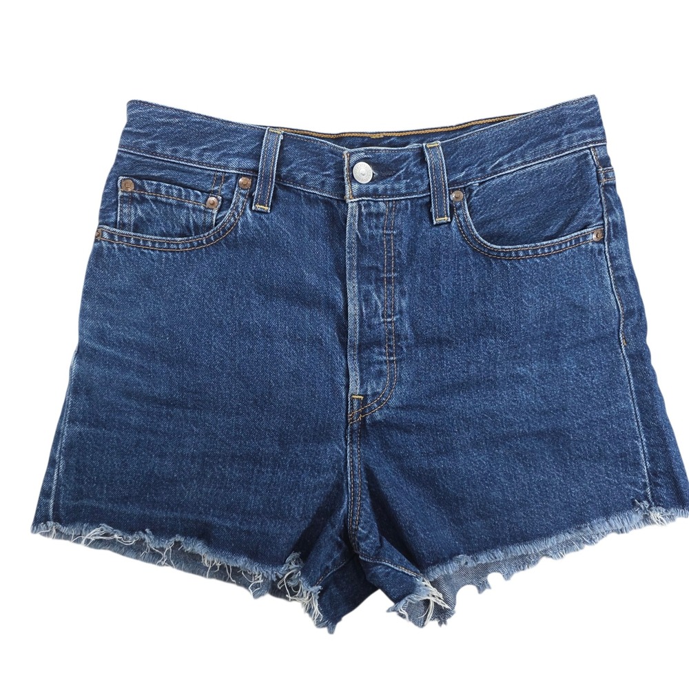 Levi's Ribcage High Rise Raw Hem Dark Blue Denim Shorts Indigo 29 Womens